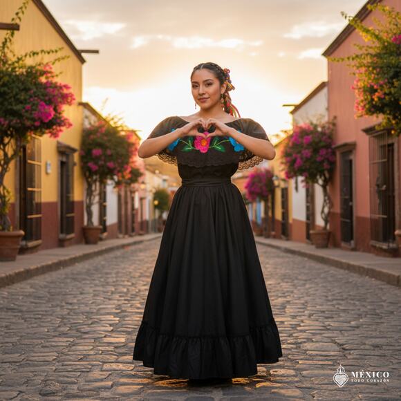 Traditional Mexican Embroidered Floral Dress Set – Handmade Two-Piece - Picture 2 of 5